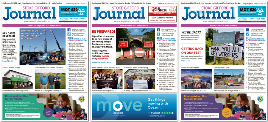 Collage showing front covers of three issues of the Stoke Gifford Journal magazine.