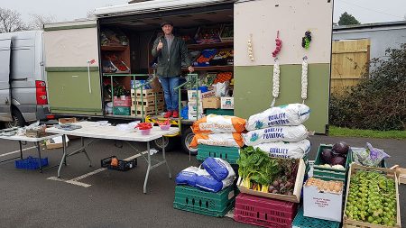 Fruit & veg stall in Little Stoke Park. Photo of fruit & veg stall.