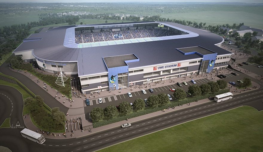 Aerial view of Bristol Rover's proposed new UWE Stadium in Stoke Gifford, Bristol.