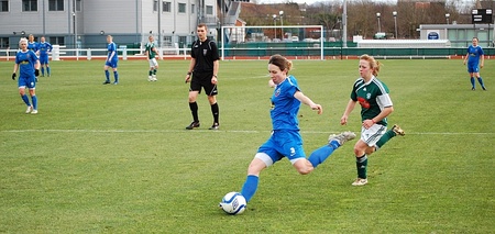 A football game in progress at the Stoke Gifford Stadium.