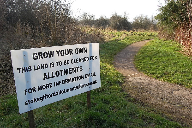 Sign announcing that land near Brins Close is to be cleared for allotments.