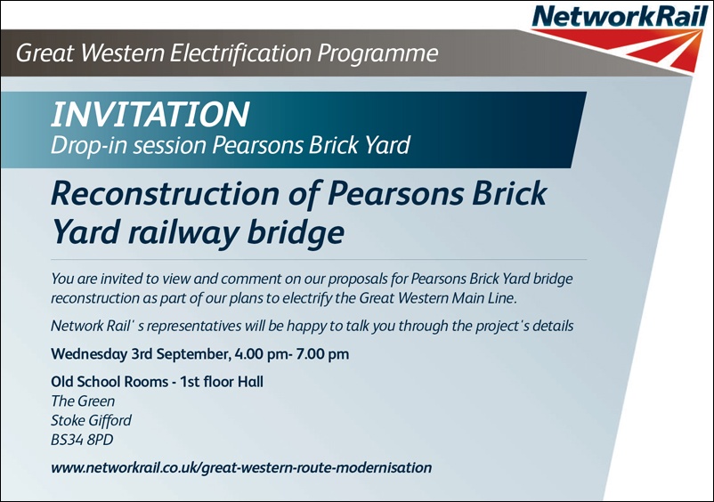 Invitation to a public consultation event about the reconstruction of Pearsons Brick Yard railway bridge in Stoke Gifford, Bristol.