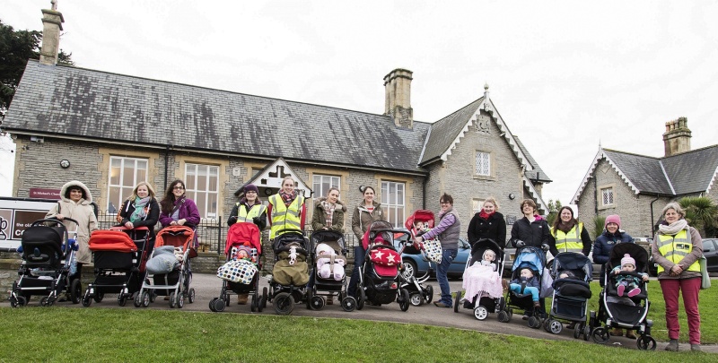 Buggy walkers at the start of a walk from The Old School Rooms in Stoke Gifford, Bristol.