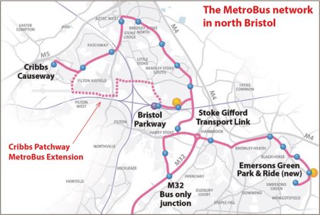 MetroBus network in north Bristol, showing proposed Cribbs Patchway MetroBus Extension.
