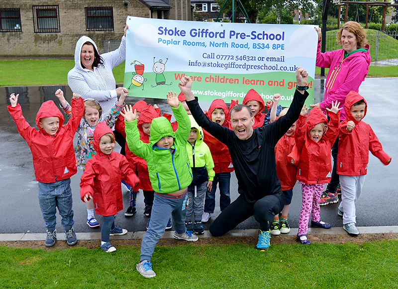 Runner Jim Plunkett-Cole (a.k.a Jim Gump) on a visit to Stoke Gifford Pre-School.