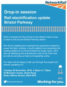 Poster advertising a drop-in event about railway upgrade work at Bristol Parkway Station.