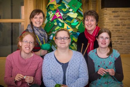 Members of the St Mike’s Yarn Bombers (SMYB) with their Christmas tree (l-r): Debbie Bambridge, Emily Preston, Kia Harris, Sara Clothier and Zoe Garde-Evans.