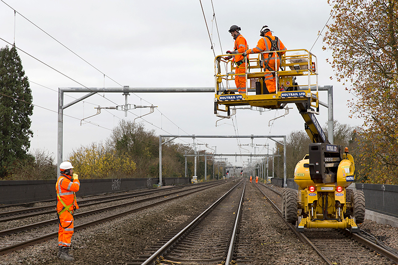 Photo of railway electrification work.