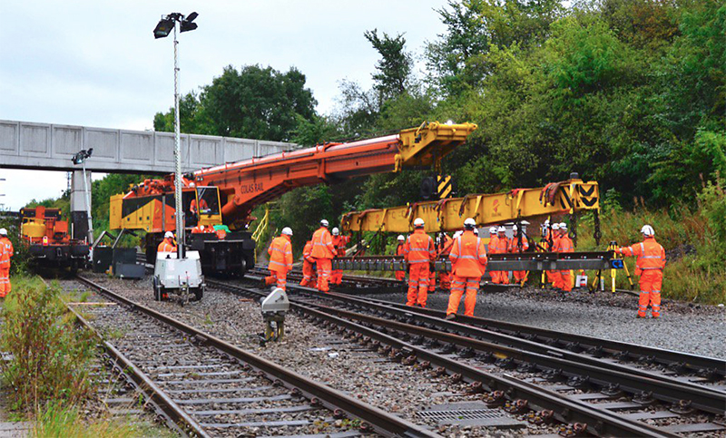 Photo of a 110-tonne Kirow crane laying track near Bristol Parkway.