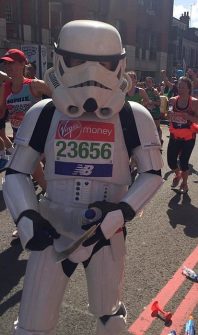 Jez Allinson, 'The Running Stormtrooper', taking part in the 2018 London Marathon.