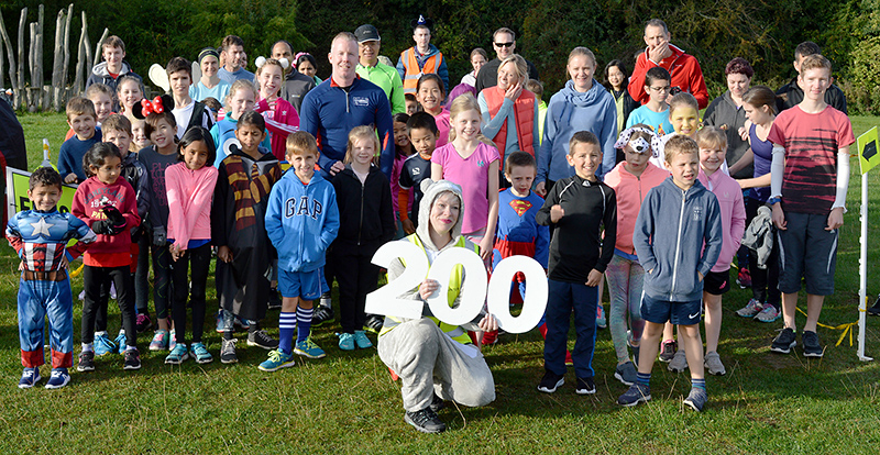 Photo of participants gathered at the start of the 200th junior parkrun event.