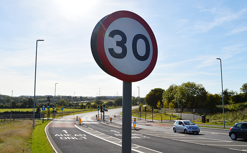 Photo of a 30mph sign on the Stoke Gifford By-Pass (May 2019).