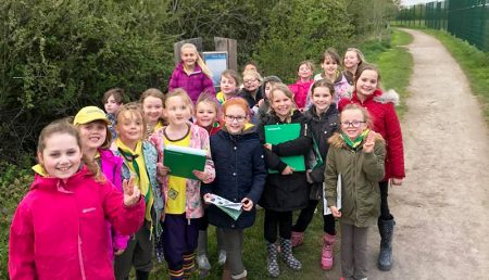 Photo of Brownies taking part in the nature orienteering trail at Three Brooks Nature Reserve, Bradley Stoke.