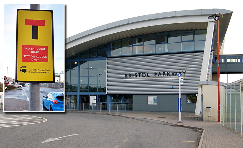 Composite image showing a photo of a 'No through road' sign superimposed on a photo of Bristol Parkway Station.