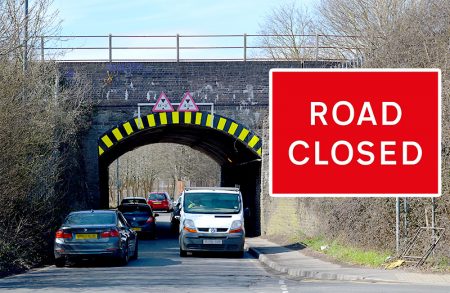 Photo of Gipsy Patch Lane railway bridge (looking westwards) with superimposed image of a 'Road Closed' sign.