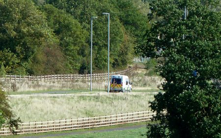 Photo of a police mobile speed camera van positioned on the northbound side of the by-pass.
