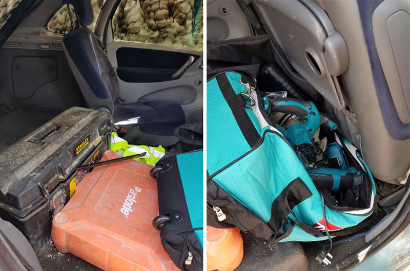 Two photos of suspected stolen power tools found inside a vehicle.