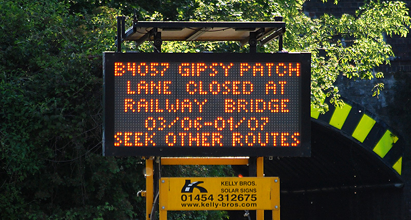 Photo of a matrix sign displaying a message about the planned closure of Gipsy Patch Lane for four weeks in June 2019.