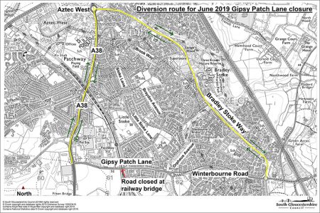 Gipsy Patch Lane signed diversion route June 2019.