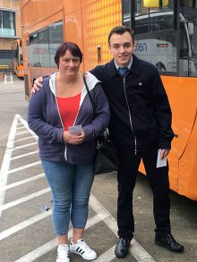 Photo of bus driver James Mills with passenger Rachael Jay.
