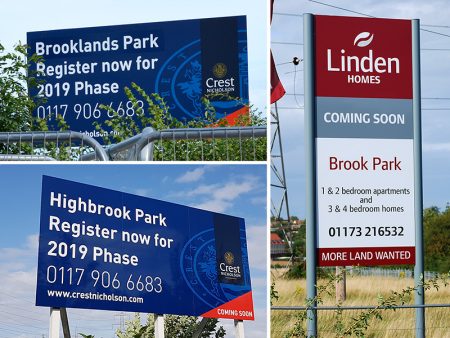A collage of signs advertising various housing developments at Harry Stoke.