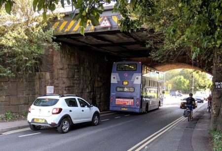 Photo of a number 19A bus jammed under Bristol Parkway railway bridge on 10th September 2019.