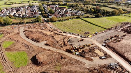 Aerial view of Crest Nicholson's Brooklands Park housing development at Harry Stoke.