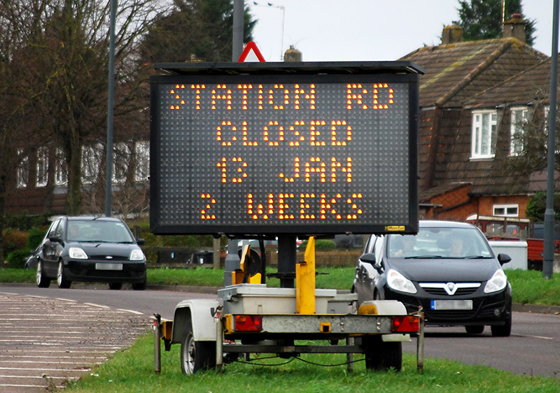 Photo of a road sign informing that Station Road will be closed for two weeks from Monday 13th January 2020.