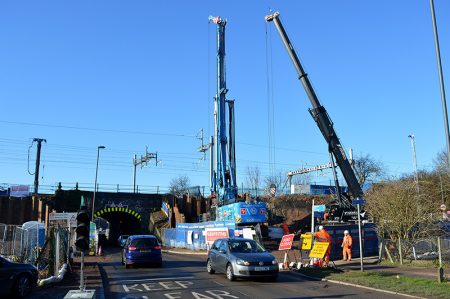 Photo of piling work taking place on the north-east corner of the bridge.