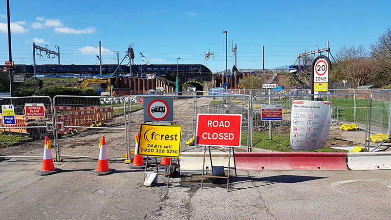 Photo of the east side of the existing railway bridge during the road closure in March 2020.