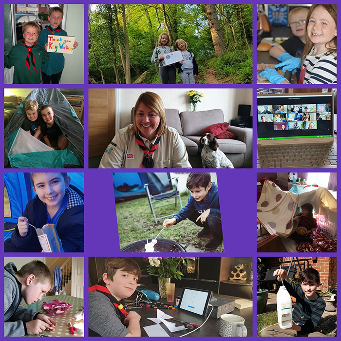 Collage showing members of 1st Little Stoke Scout Group taking part in activities during the coronavirus lockdown.