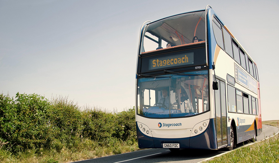 Photo of a Stagecoach double-decker bus on a rural road.