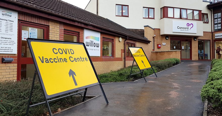 Photo displaying 'Covid Vaccination Centre' outside Concord Medical Centre.