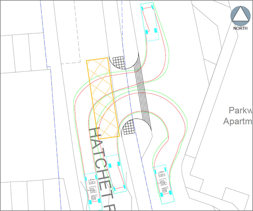 Plan showing vehicle tracking (right in, left out).