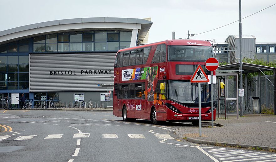 Photo of a bus outside Bristol Parkway railway station.