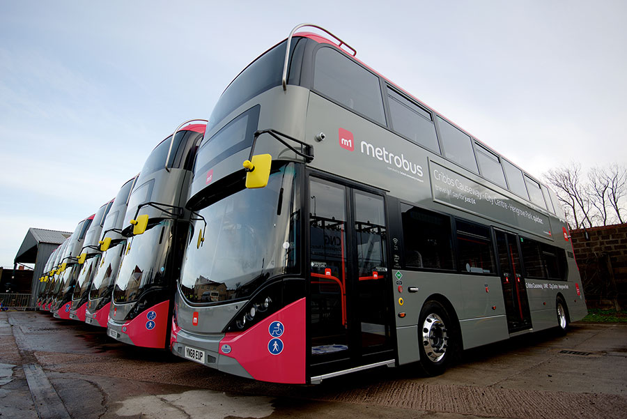 Photo of a row of parked buses.