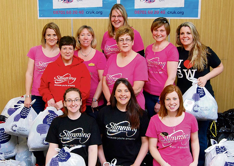 Photo of a group of women surrounded by bags of clothes.