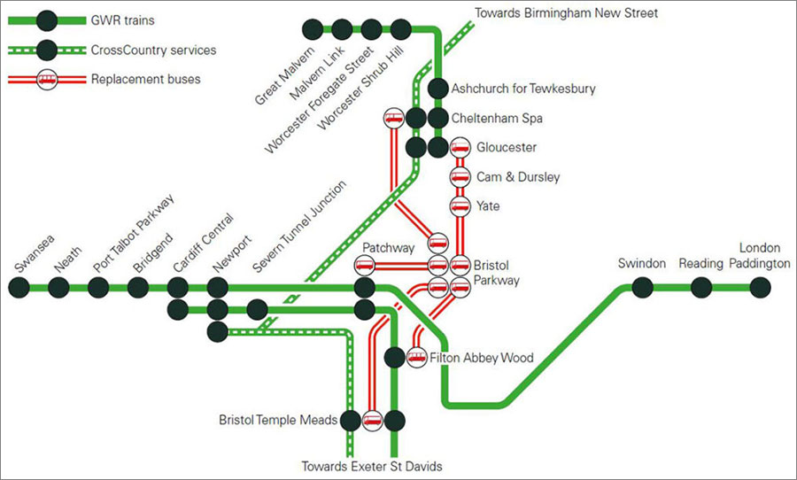 Map showing railway line closures and replacement bus connections.