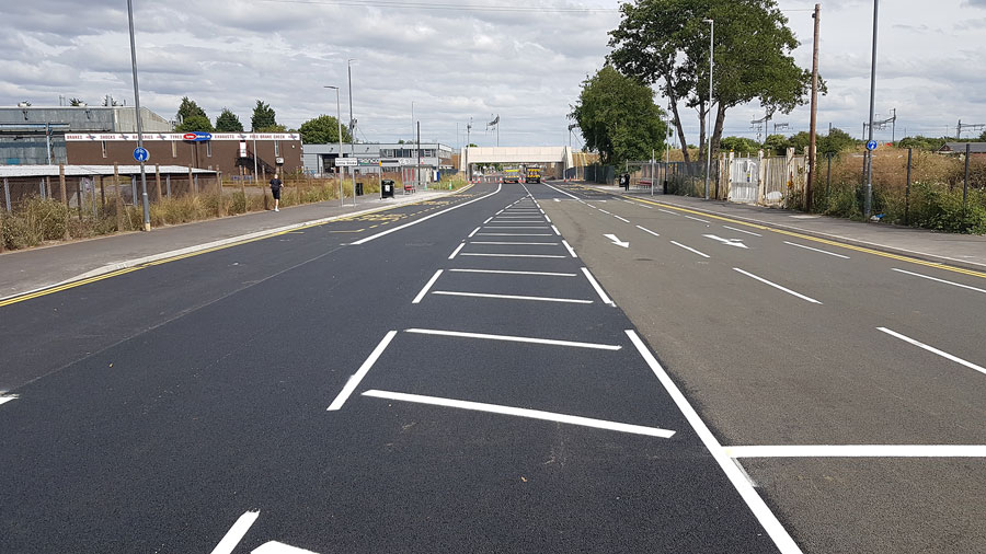 Photo of recently painted road markings.