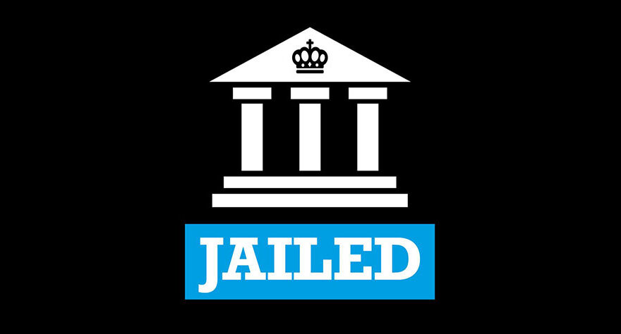 Graphic showing a stylised court building with the word 'Jailed' beneath.