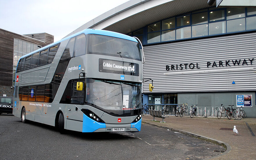 Photo of a bus approaching a stop at Bristol Parkway Station.