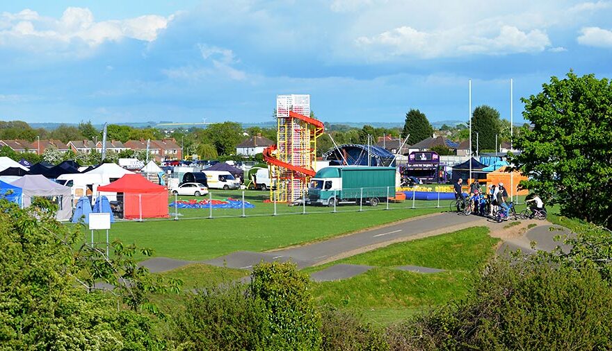 Photo of a festival site being set up.