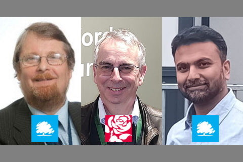 Collage of photos showing three election candidates with party logos superimposed.