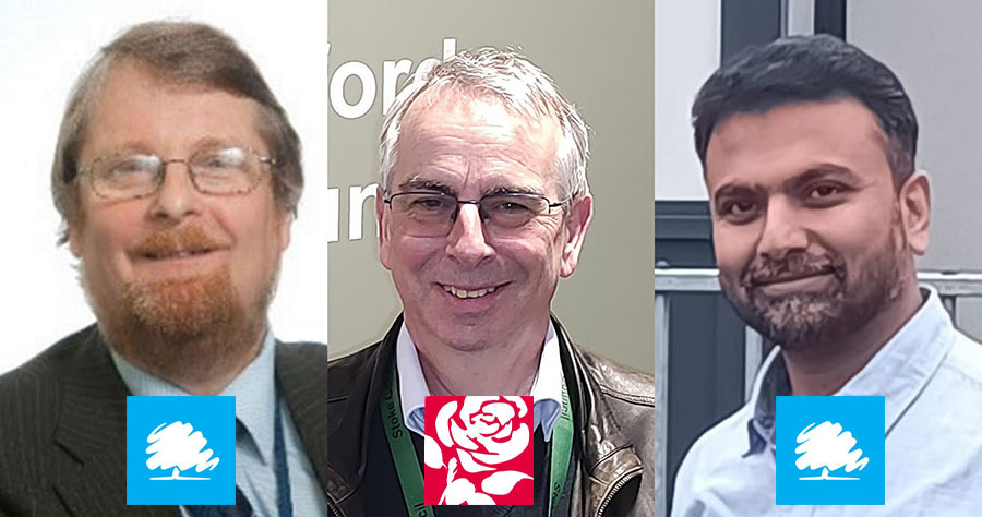 Victors in the Stoke Gifford district ward election (l-r): Keith Cranney (Conservative), David Addison (Labour) and Neel Das Gupta (Conservative). Collage of photos showing three election candidates with party logos superimposed.