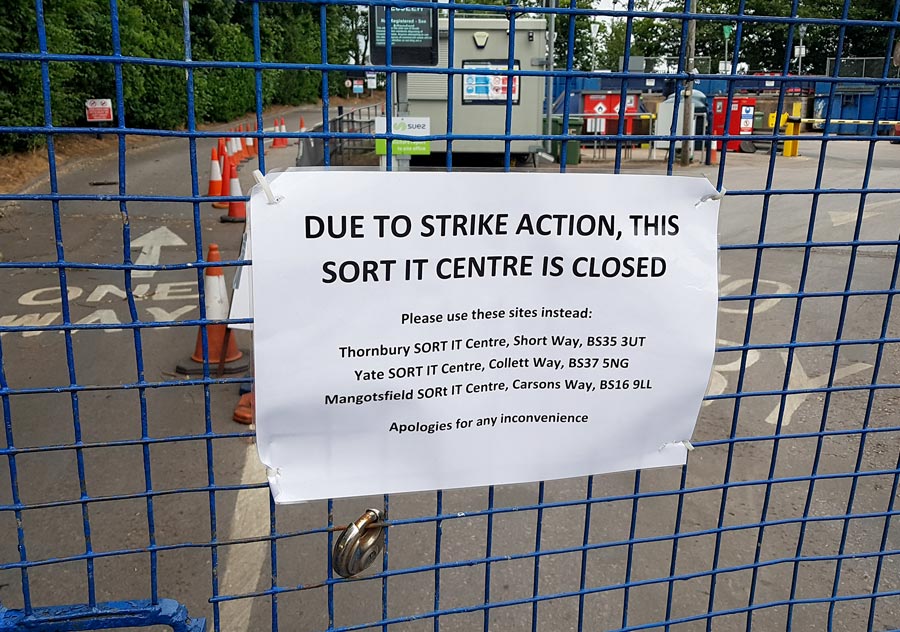 'Closed due to strike action' notice on the gate of the Little Stoke Sort It recycling centre on Tuesday 27th June 2023. Photo of a notice displaying the headline "Due to strike action this Sort It Centre is closed".