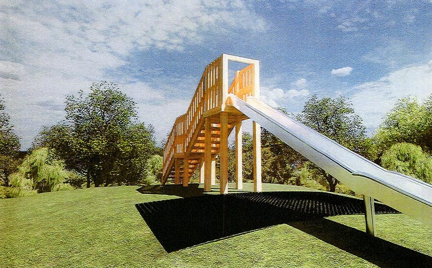 Visualisation of play equipment consisting of a metal slide and wooden steps.